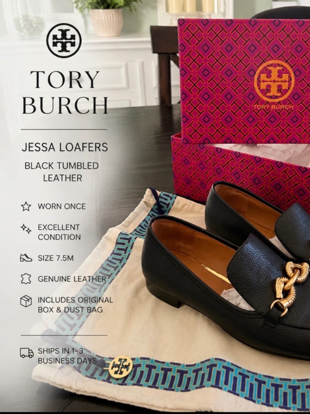 Tory Burch Jessa Leather Chain Loafers Black Gold Size 7.5